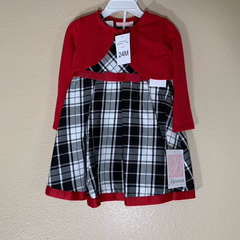 NWT Bonnie Baby Red Black White Plaid 3 Piece Set Dress SZ 24 Months